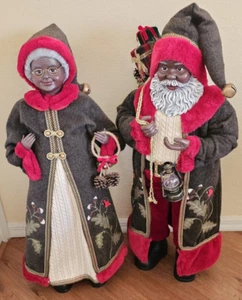 African American Mr & Mrs Santa Claus 34" Tall Red Faux Fur Trim Cardinal Nature - Picture 1 of 19