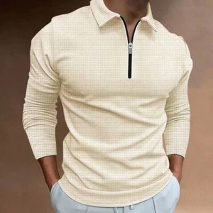 Polo Shirt Mens Zipper Collar Long Sleeve Solid Beige Golf Zip Sport Classic Fit - Picture 1 of 1