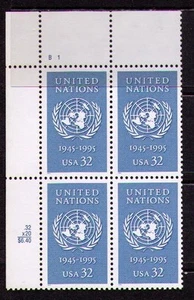 US USA Sc# 2974 MNH FVF PL# BLOCK United Nations Map Laurel Leaves - Picture 1 of 1