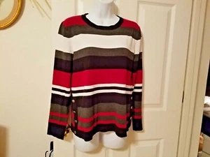 Investments Womens Knit Top Long Sleeve Pull Over Black Red White Stripes Medium - Picture 1 of 7