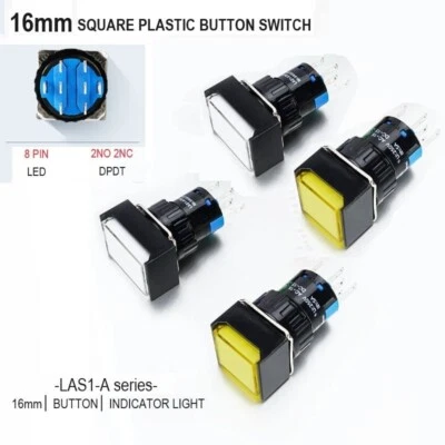 16mm DPDT Illuminated ON/OFF Square Plastic Push Button Switch (LAS1-AF) - Image 1 of 4