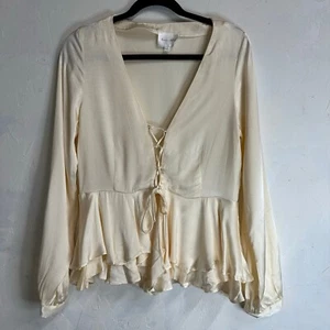 Line and Dot Blouse Womens Small Peplum Bohemian Blouse Ivory Open Tie Front - Picture 1 of 10
