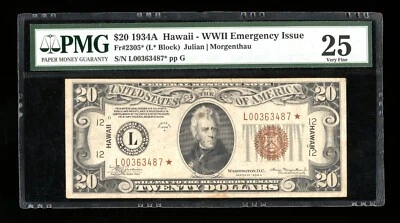 DBR 1934-A $20 FRN Hawaii STAR Fr. 2305* PMG 25 Serial L00363487* - Image 1 of 2