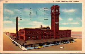 Chicago Illinois Postkarte Dearborn Street Bahnhof Depot Leinen 1930er RO - Bild 1 von 2
