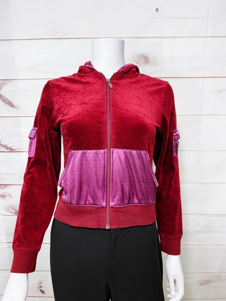 BCBGMAXAZRIA Mujer Terciopelo Sudadera con Capucha Talla S Borgoña Cremallera Completa Bolsillos Manga Larga Foto 1 de 4