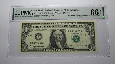 $1 1995 Radar Serial Number Federal Reserve Currency Bank Note Bill PMG UNC66EPQ - Image 1 of 3
