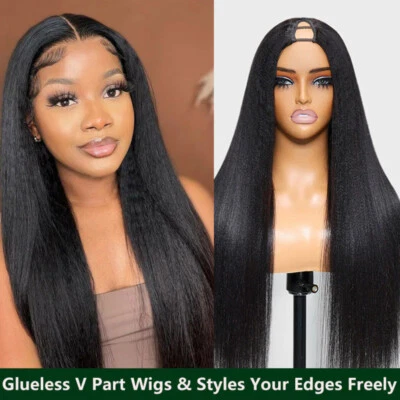 UNice Peruvian Yaki Straight V Part Human Hair Wigs Upgrade U Part Wig Glueless - Image 1 of 4