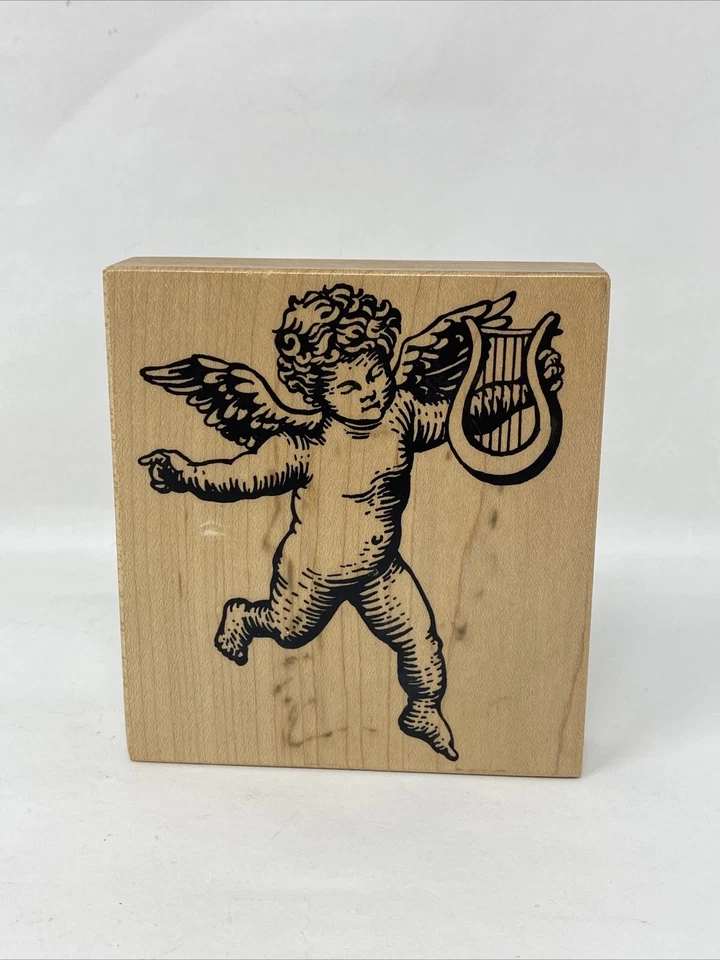 PSX Decoración del Hogar Querubín Ángel Cupido Arpa K1790 Sello de Goma Montado en Madera Foto 1 de 4
