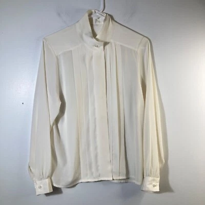 Camisa victoriana vintage para mujer cuello alto plisada botones delanteros marfil M Foto 1 de 4