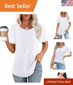 Chic Women's Short Sleeve Pleated Summer Top - Flowy Casual Blouse in White - Picture 1 of 7