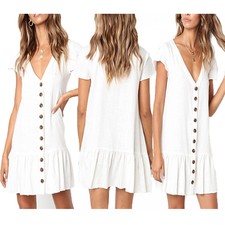 Summer Mini Dress V-Neck Short Sleeve Ruffle Buttons Dresses For Women