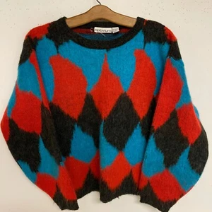 90s OPTIMUM Pullover Sweater Wool Blend HARLEQUIN Diamond Youth BIG Kids MEDIUM - Picture 1 of 5