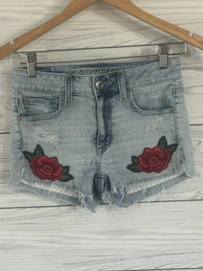 American Eagle Jean Shorts 26 X 2 Blue Denim Red Rose Embroidery Stretch 807 - Picture 1 of 5