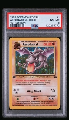 1999 POKEMON FOSSIL 1 AERODACTYL HOLO 1ST EDITION PSA 8 NM MT - Image 1 of 2