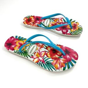Havaianas Slim Hibiscus Womens Thong Sandals Sz 9/10 Hawaii Floral Multicolor