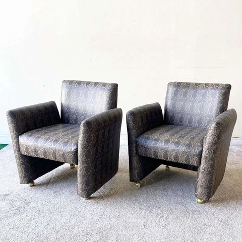 Postmodern Faux Snake Skin Upholstered Chiclet Arm Chairs on Wheels - a Pair Cover