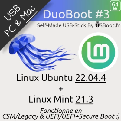 CLÉ USB LINUX UBUNTU 22.04.4 JAMMY-JELLYFISH + MINT 21.3 VIRGINIA BOOTABLE STICK - Photo 1/4