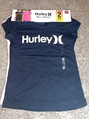 Novo com etiquetas Girl's Hurley pacote com 2 camisetas rosa preto tamanho juvenil médio 8-10 MSRP $36 - Imagem 1 de 4