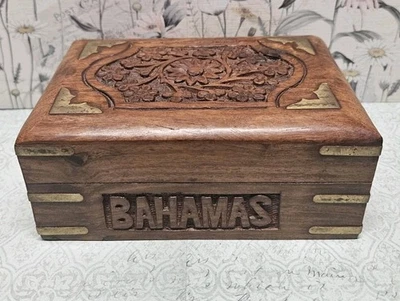Bahamas Wooden Floral Decorative Box Metal Inlay Velvet Inside - Image 1 of 4