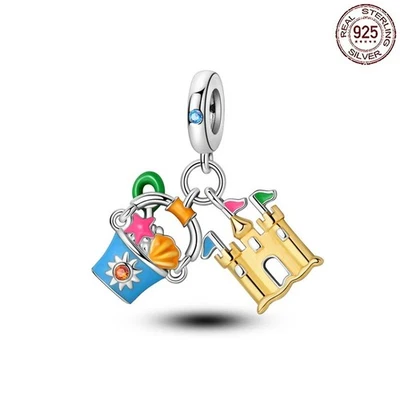 Dije de plata de ley 925 Beach Day para pulsera; castillo de arena, cubo, conchas marinas Foto 1 de 4