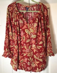 Chaps Women Tunic Blouse 2X Red Floral Boho Peasant Flowy V-Neck Loose FLAW - Picture 1 of 24