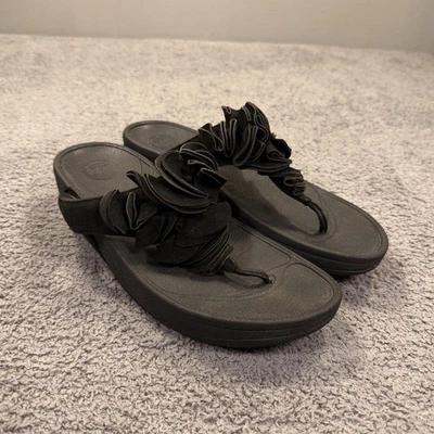 Zapatos FitFlop Mujer Talla 9 Negro Flor Chanclas Sandalias Gamuza Volantes Tanga Foto 1 de 4
