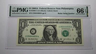 $1 2003 Radar Serial Number Federal Reserve Currency Bank Note Bill PMG UNC66EPQ - Image 1 of 3