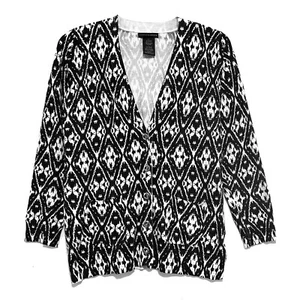 Grace Elements Black and White Geometric Print Cardigan Sweater, size L - Picture 1 of 4