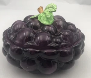 Vintage Lefton Grape Cluster Covered Candy Dish Bowl 1960's Purple Lidded - Picture 1 of 11