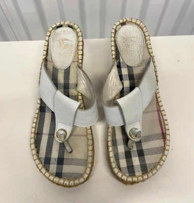 VTG Y2K Burberry Check White Leather Espadrille Wedge Sandals Women’s Size 38/8 - Image 1 of 4