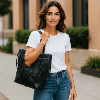 Roberto Cavalli Black Grained Fringe Tote Handbag - Image 1 of 4
