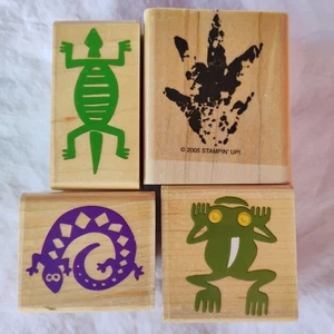 Rubber Stamps Stamp 4pc Lot Animals Aztec Chicken Foot Lizard Frog Vintage - Picture 1 of 3