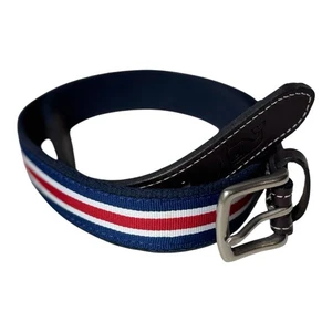 Cinturón para hombre Vineyard Vines 28 cuero marrón cinta azul lona rep rayas - Imagen 1 de 9