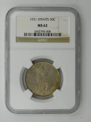 Asentamientos del Estrecho Singapur Malasia 1921 50 centavos clasificación NGC COMO NUEVO 62 Foto 1 de 4