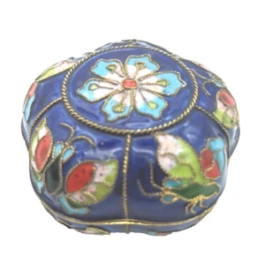 Vtg Round Cloisonne Cobalt Enamel Trinket Box w/Hinged Lid Floral 2" Diameter - Picture 1 of 7