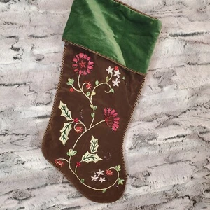 Prima Creations Beaded Floral Christmas Stocking Brown Green Velvet 17 Inch - Imagen 1 de 10