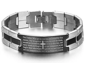 Stainless Steel Black Silver-Tone Religious Cross English Prayer Mens Bracelet - Foto 1 di 7