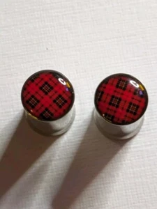 Pair Of 8mm Tartan Pattern Metal Ear Plugs Double Flare Stretchers Retro Emo 00s - Picture 1 of 4