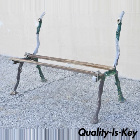 Antique Cast Iron Victorian Faux Bois Green Branch Twig Garden Bench Legs - Pair Cover