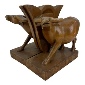 VTG Handcarved Wood Longhorn Bull Bookends / Philippines. Oxen / Carabao. RARE! - Picture 1 of 17