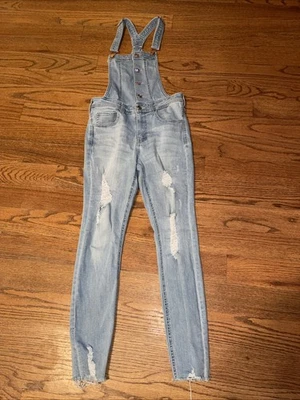 Guess‎ Bib Overalls Denim Jean Distressed Straight Leg Women’s Destroyed 27 - Image 1 of 4