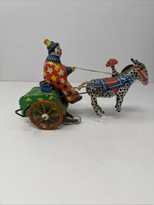 Vintage Russian USSR Tin Windup Clown & Donkey/Horse Cart - Picture 1 of 7