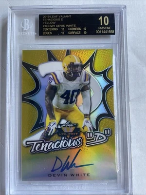 2019 Leaf Valiant Tenacious "D" Devin White  Yellow 6/10 (AU,RC) BSG Pristine 10 - Image 1 of 4