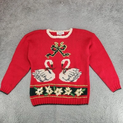 Suéter de Navidad tejido en esquina informal vintage cisnes para mujer M rojo abuela Foto 1 de 4