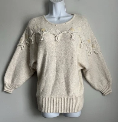 De Colección Cedros Para Mujer Beige/Perla Lana Seda Acogedor Adornado Dolman Suéter L Foto 1 de 4
