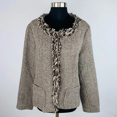 Cynthia Rowley Blazer Jacket Womens Tweed Brown Gray Fringed Pockets XL - Image 1 of 4