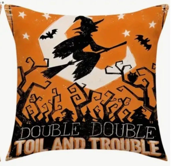 Witches Bats Moon Toil Trouble Spooky Fun Throw 枕套 秋季家居装饰 18 英寸 — 第 1/3 张图片