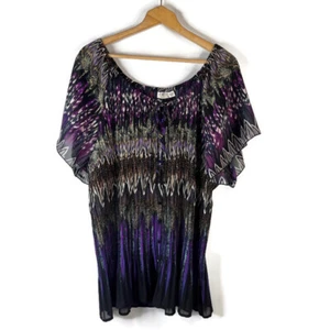 CATO Womens Tunic Top Size 3X 22/24W Sheer Purple Geometric Pleated Short Sleeve - Picture 1 of 10