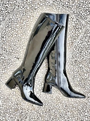 Botas altas hasta la rodilla Zara negras 8 bajas anchas doradas tacón bloque botines zapatos cuero Foto 1 de 3