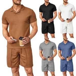 Mens Short Sleeve Polo Shirts Shorts Mens Waffle Fashion Casual Tracksuit Sets - Picture 1 of 32